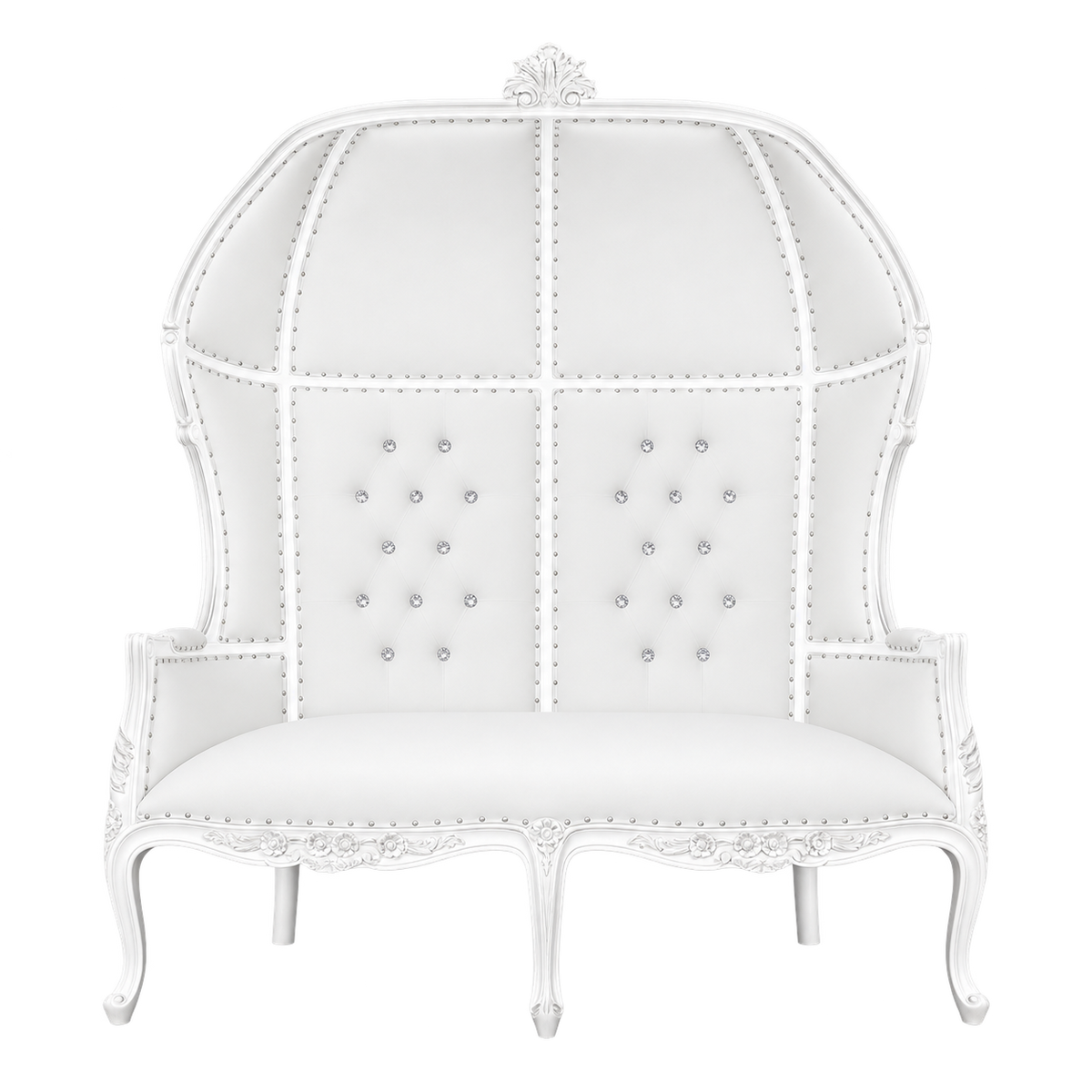 Crownvale Canopy Two-Seat Throne — Gloss White / White Bonded Leather, full front view showing the dome canopy and carved mahogany legs