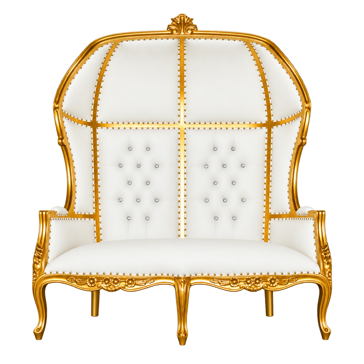 Crownvale Canopy Two-Seat Throne — Gold Leaf / White Bonded Leather, full front view showing the dome canopy and carved mahogany legs