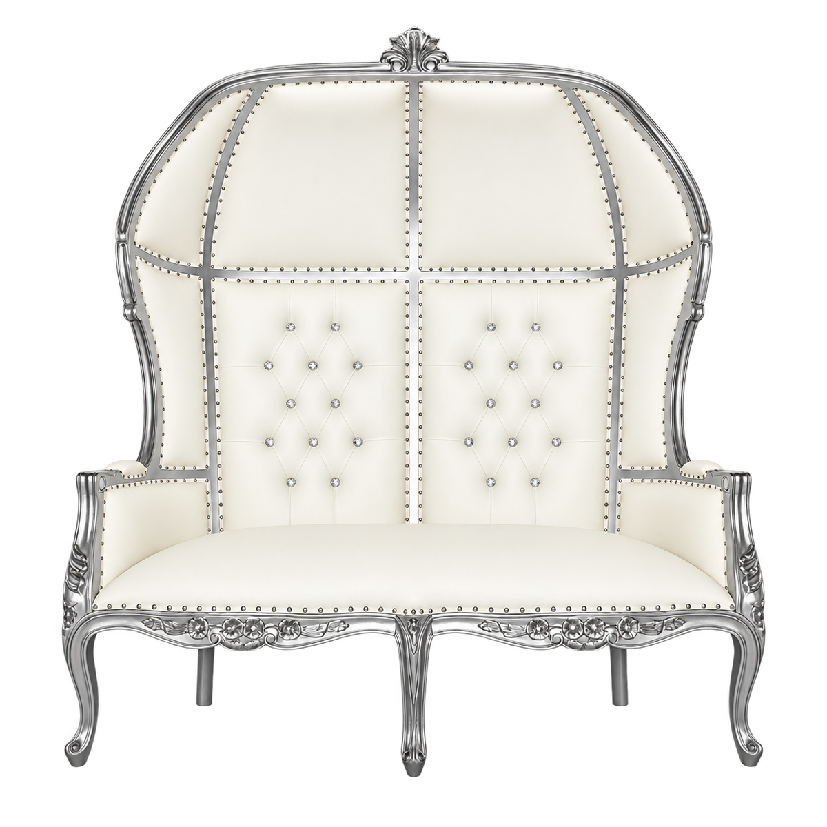 Crownvale Canopy Two-Seat Throne — Silver Leaf / White Bonded Leather, full front view showing the dome canopy and carved mahogany legs