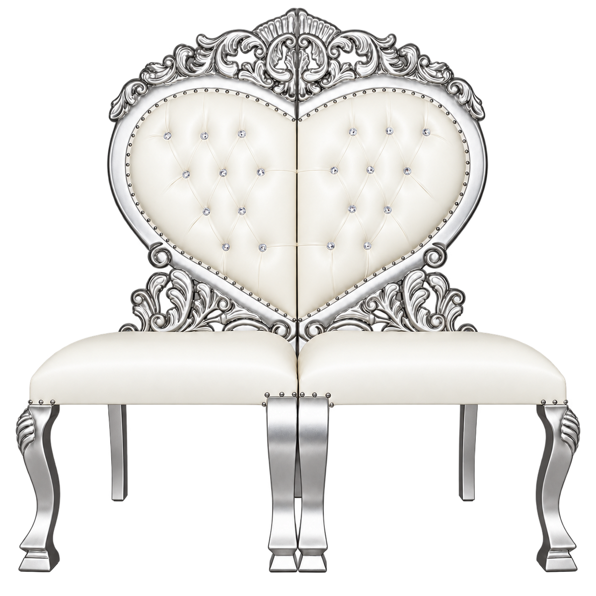 Heartmere Heart Chair Pair — Satin Silver with Silver Leaf / White Bonded Leather