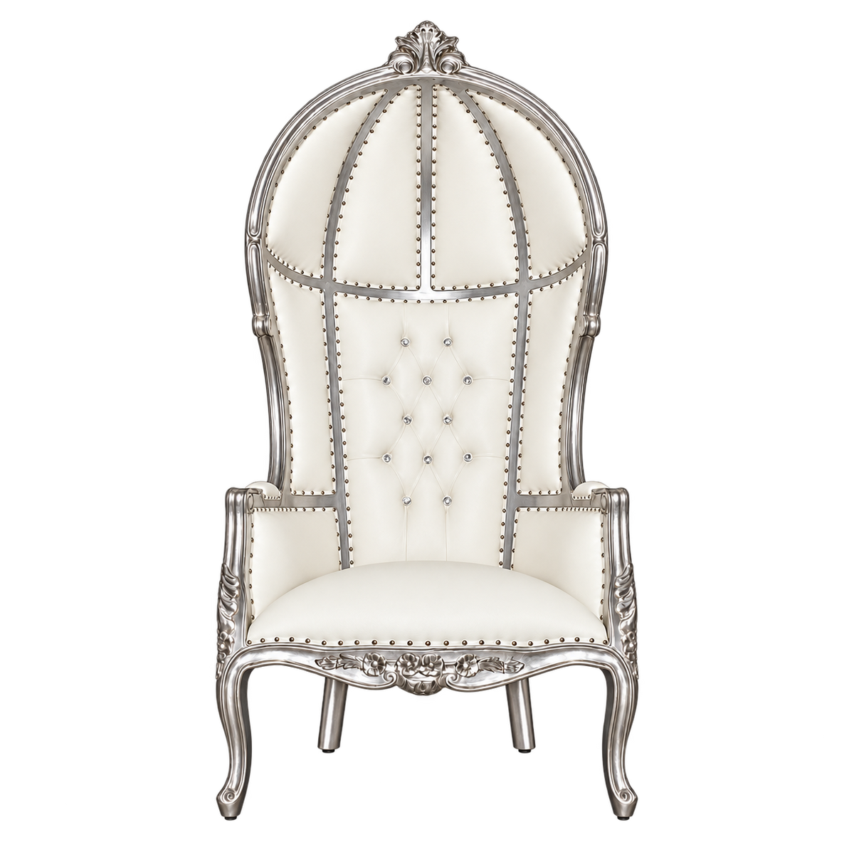 Palavelle Canopy Throne Chair — Satin Silver with Silver Leaf / White Bonded Leather