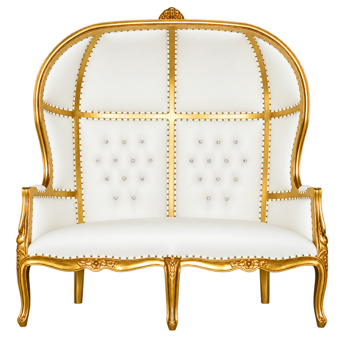 Palavelle Canopy Two-Seat Throne — Satin Gold with Gold Leaf / White Bonded Leather