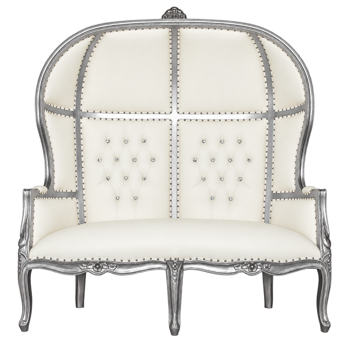 Palavelle Canopy Two-Seat Throne — Satin Silver with Silver Leaf / White Bonded Leather