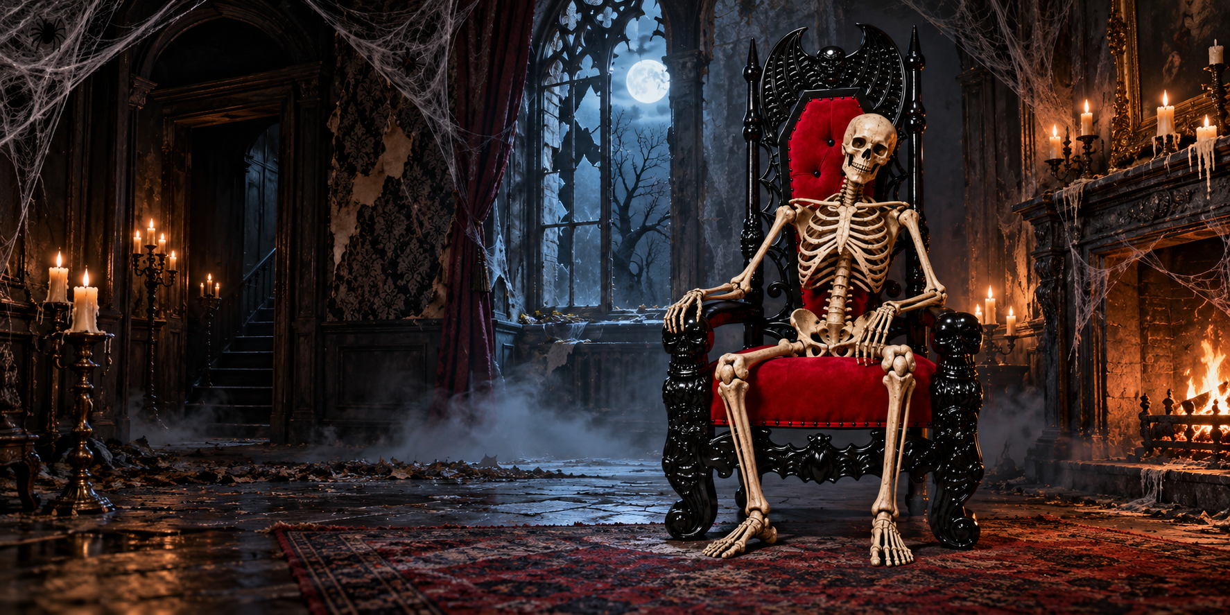Skeleton seated on a black and crimson Halloween throne