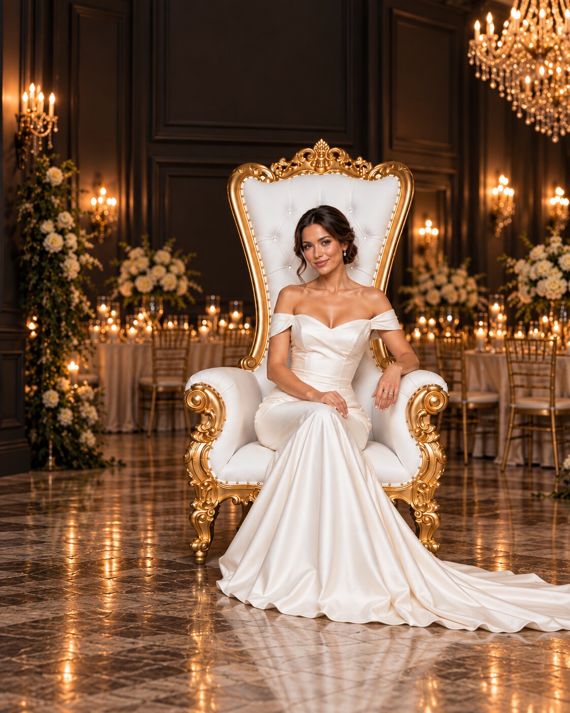 Bride seated on a gold-trimmed, white-upholstered Bellacrest throne in a candlelit wedding venue