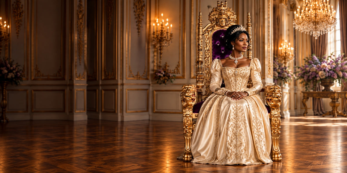 Woman in a formal gown seated on a gold lion-arm throne
