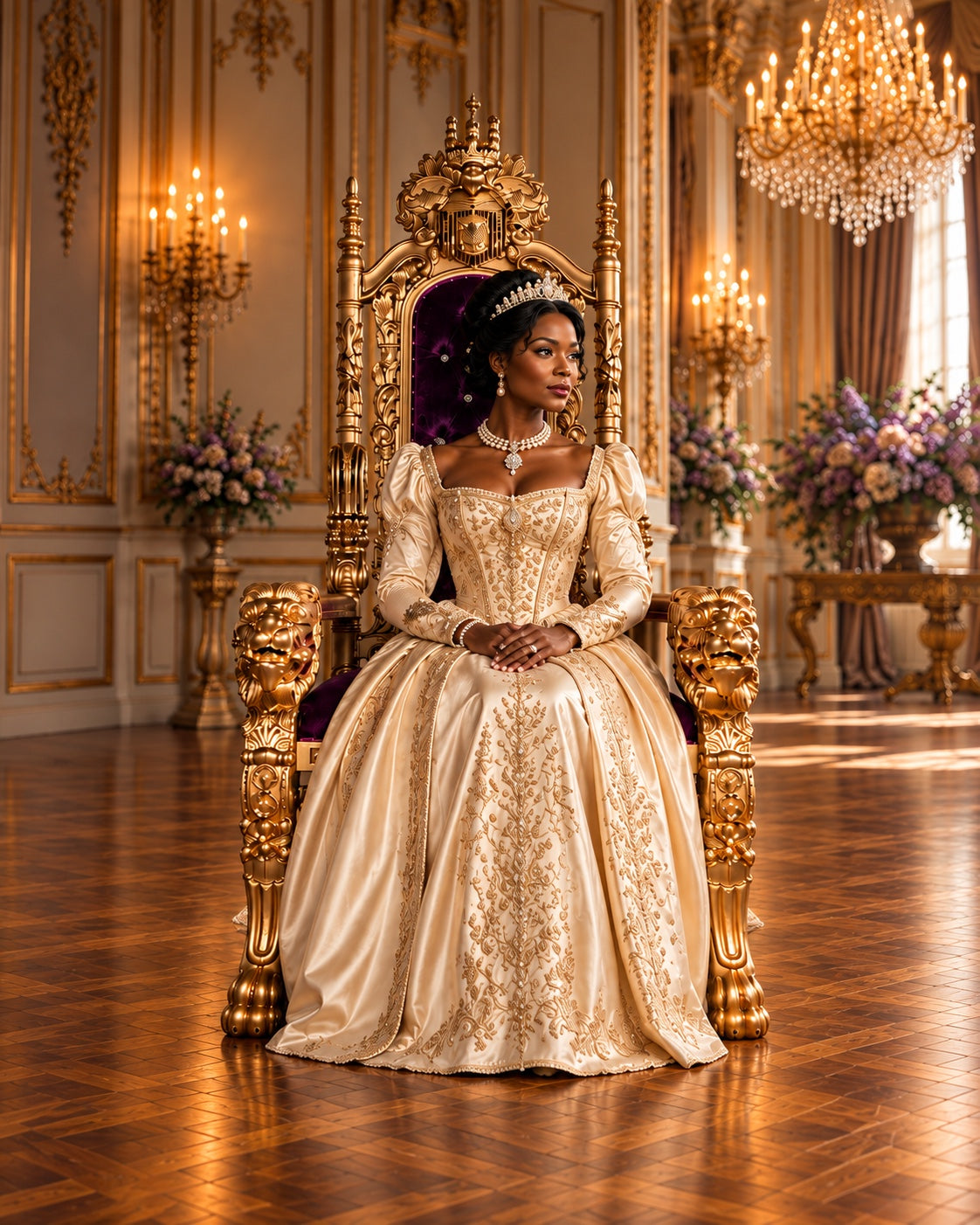 Woman in a formal gown seated on a gold lion-arm throne