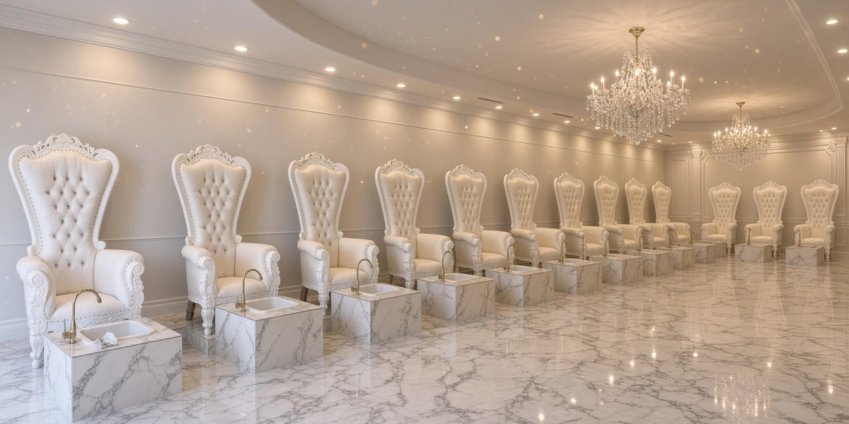 Bellacrest thrones with pedicure stands and bowls in a salon