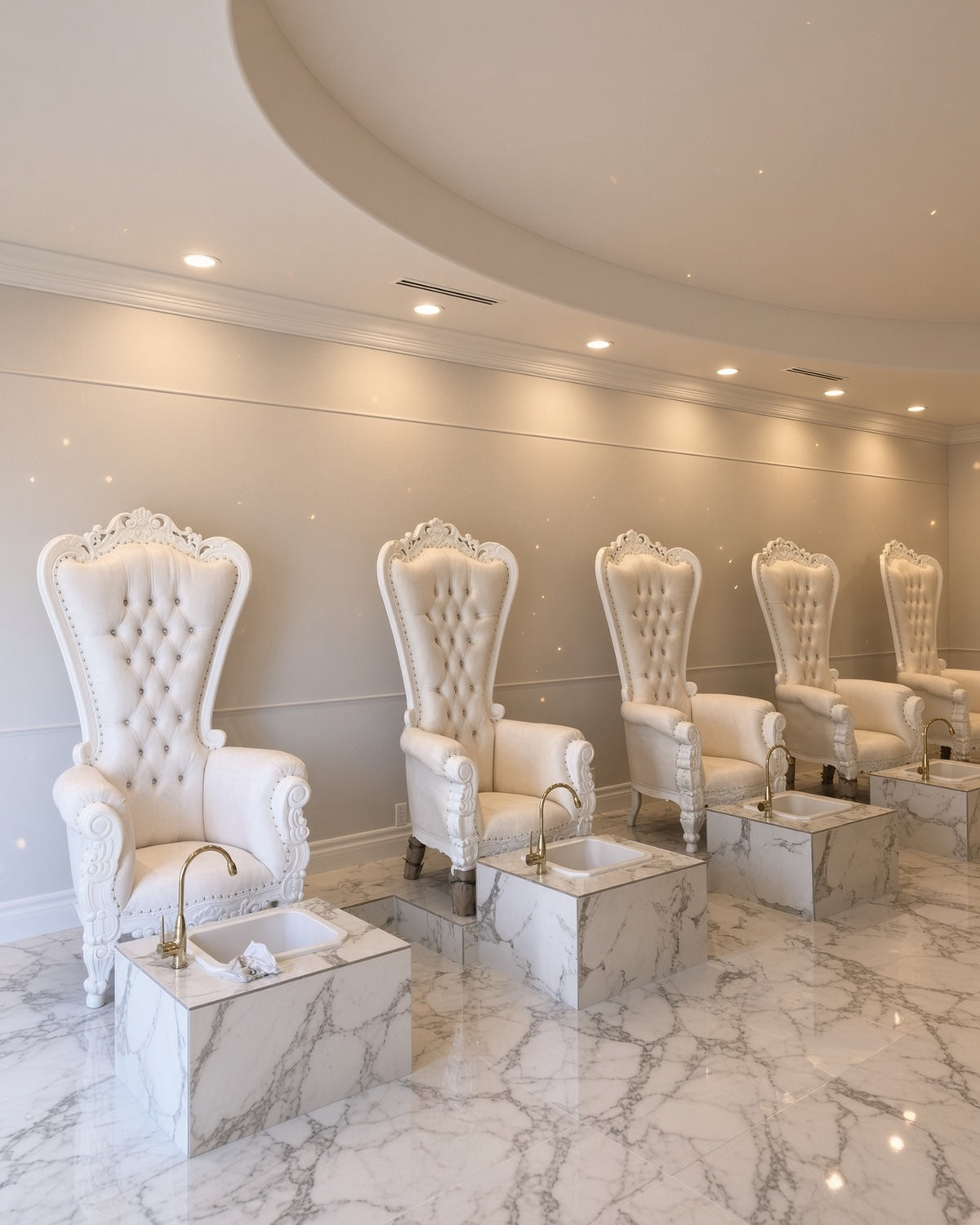 Bellacrest thrones with pedicure stands and bowls in a salon