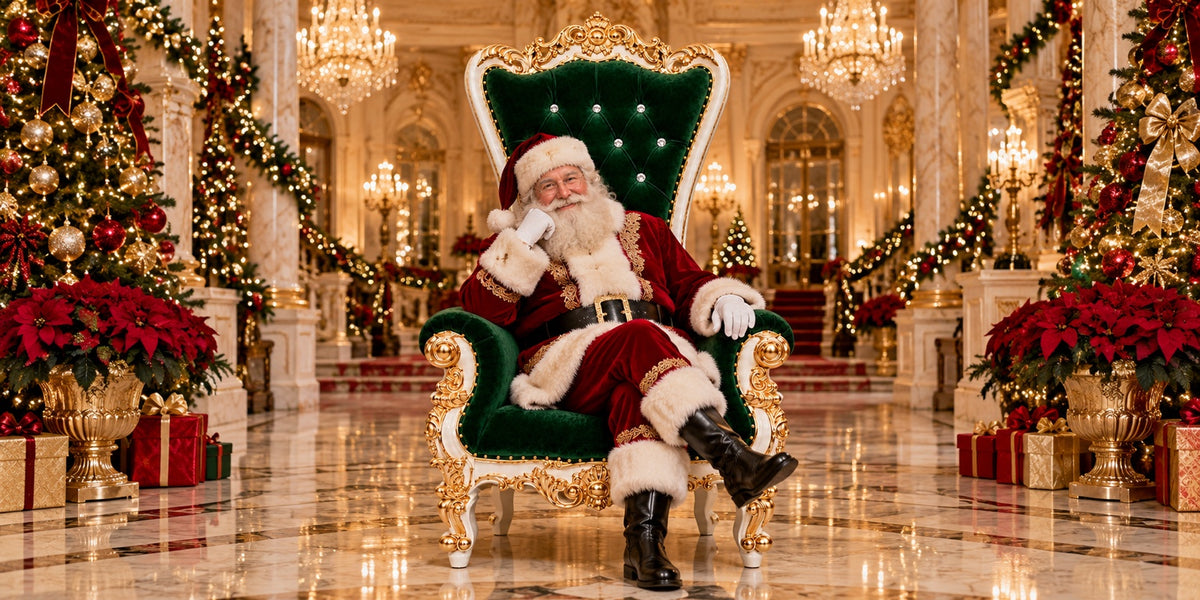 Santa seated on a green and gold Bellacrest throne in a festive Christmas setting