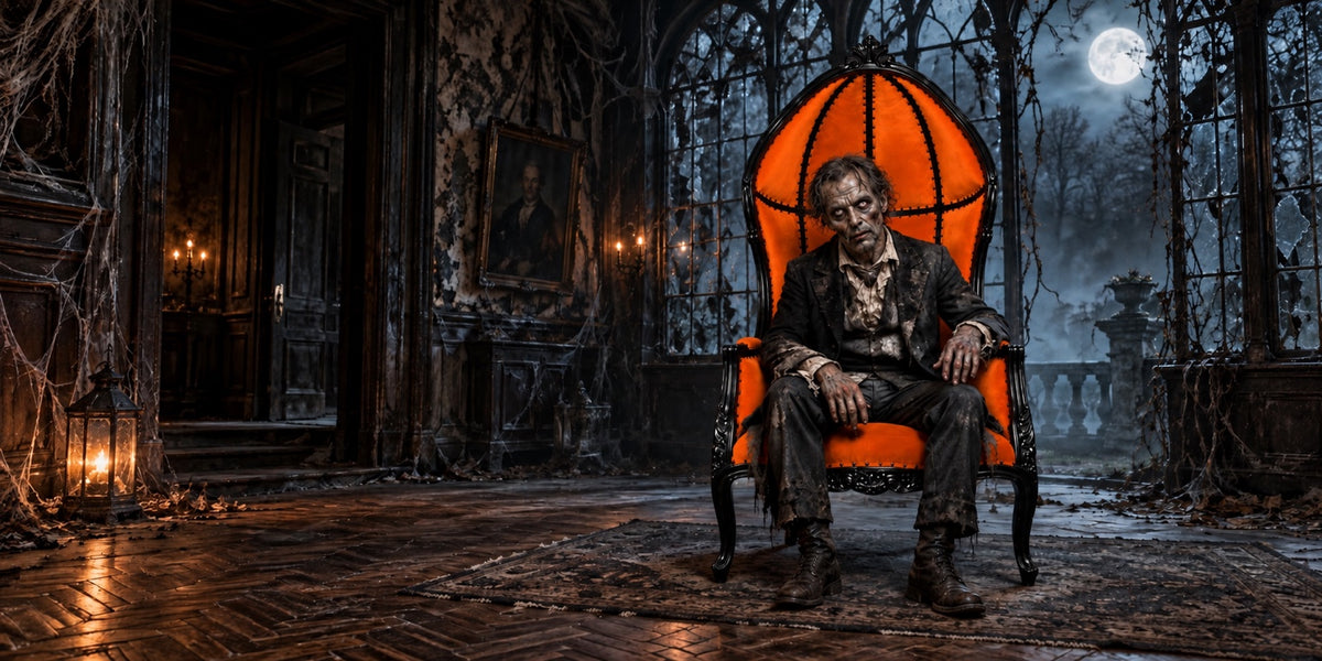 Orange and gloss black canopy throne with a zombie in a haunted hall