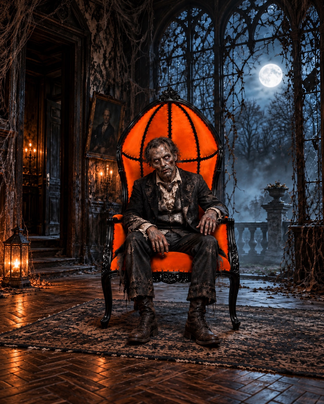 Orange and gloss black canopy throne with a zombie in a haunted hall