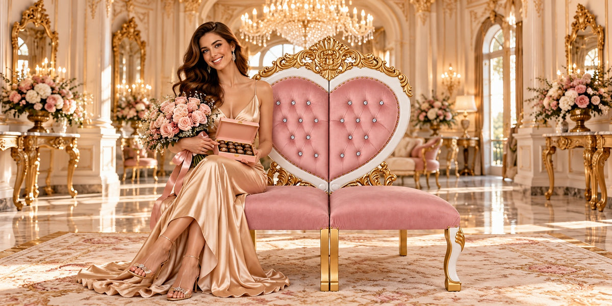 Pink Heartmere heart-shaped seating with flowers and chocolates