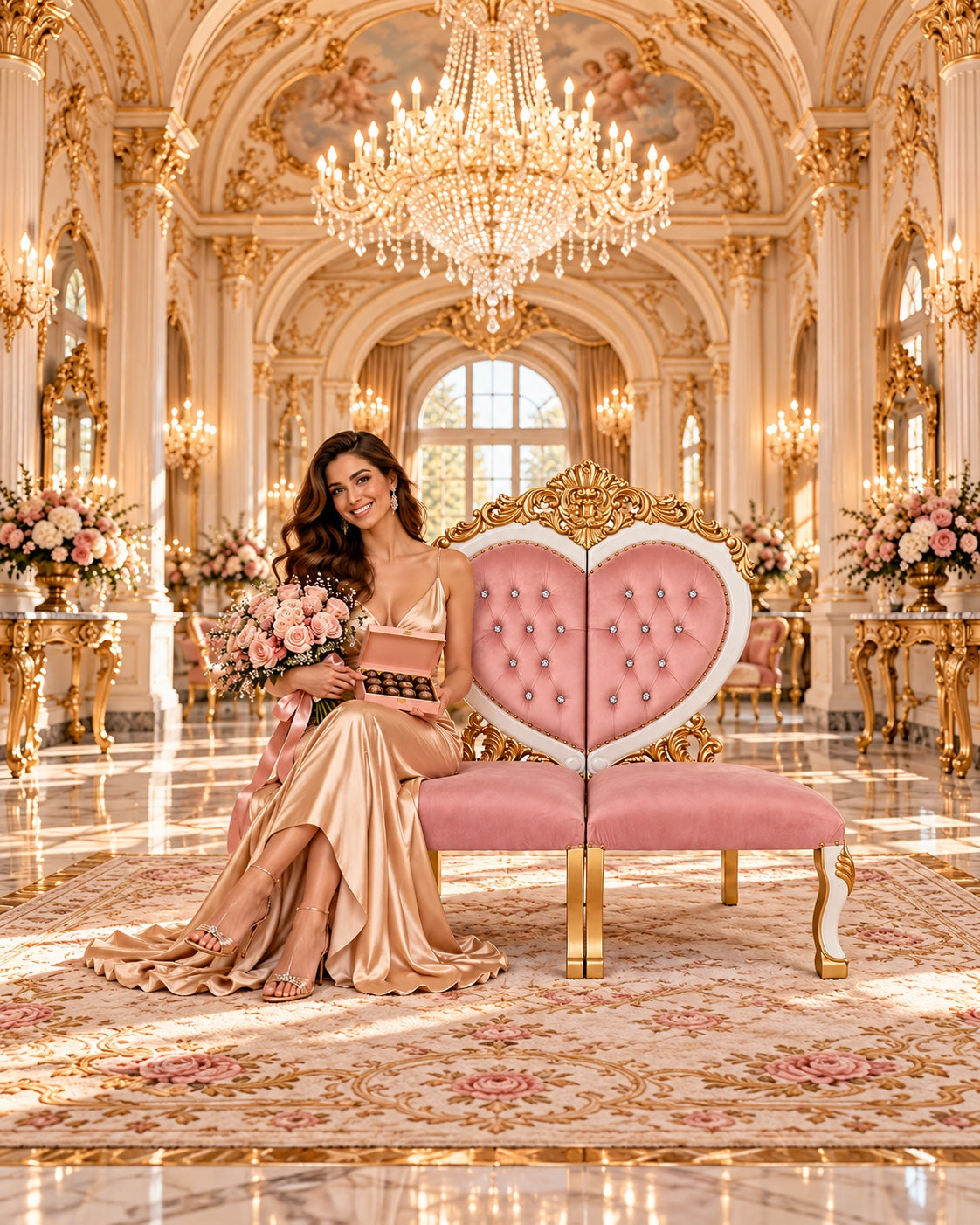 Pink Heartmere heart-shaped seating with flowers and chocolates